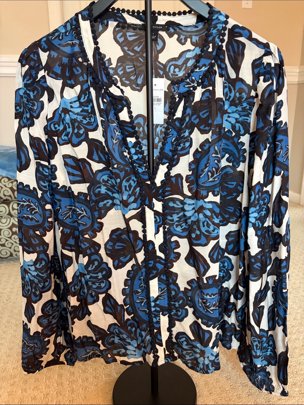 Ann Taylor Blue Black White Floral  Blouse